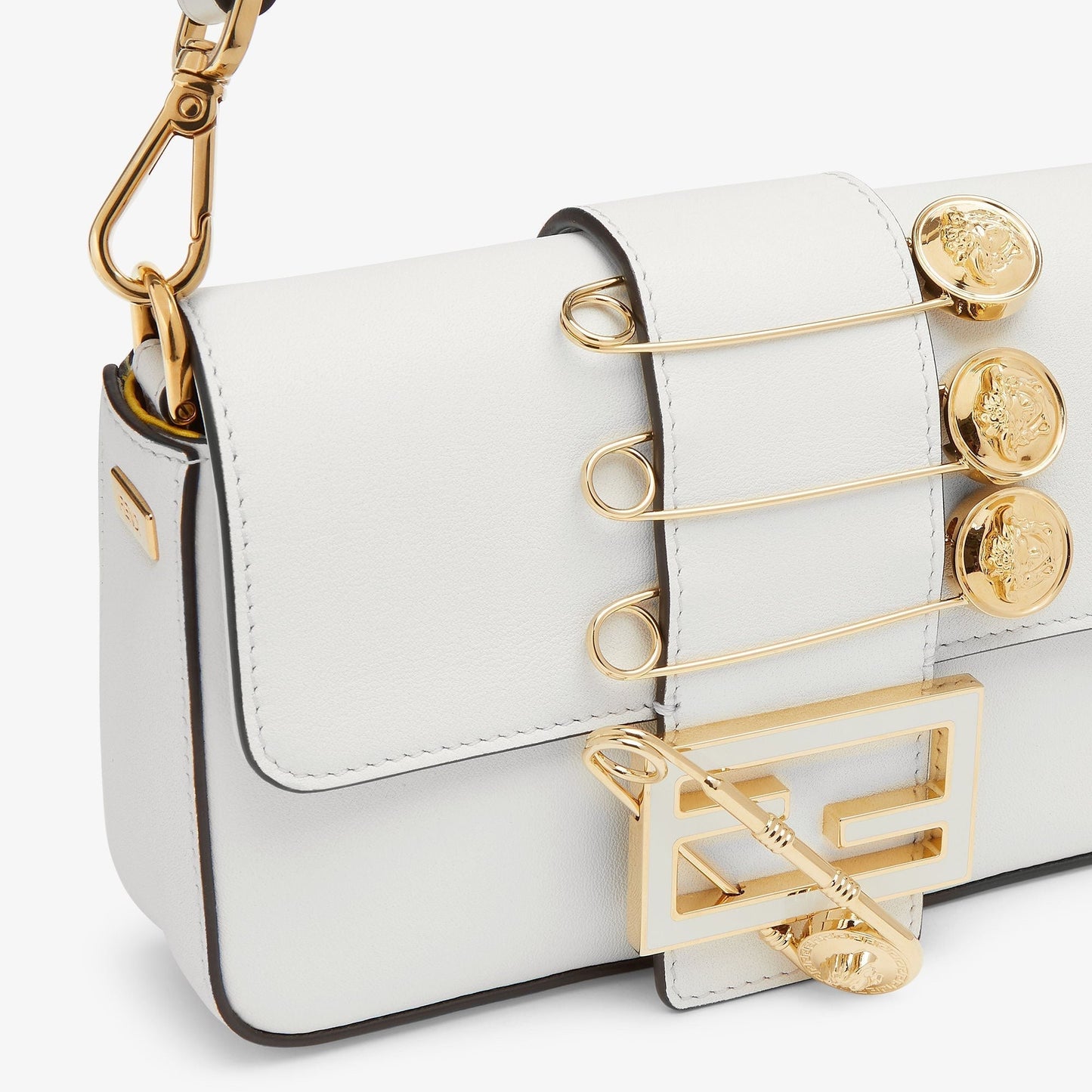 FENDI FENDACE BROOCH MINI 20 BAGUETTE BAG IN WHITE CALFSKIN mysite