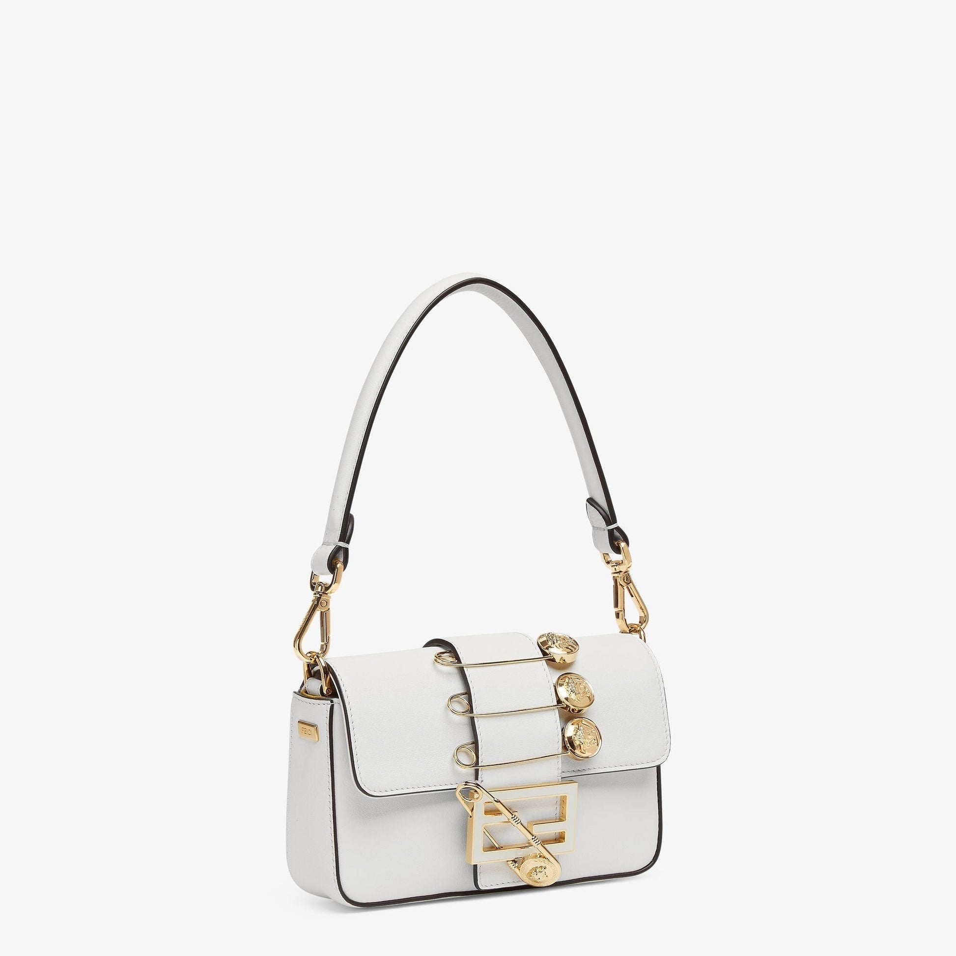 FENDI FENDACE BROOCH MINI 20 BAGUETTE BAG IN WHITE CALFSKIN mysite