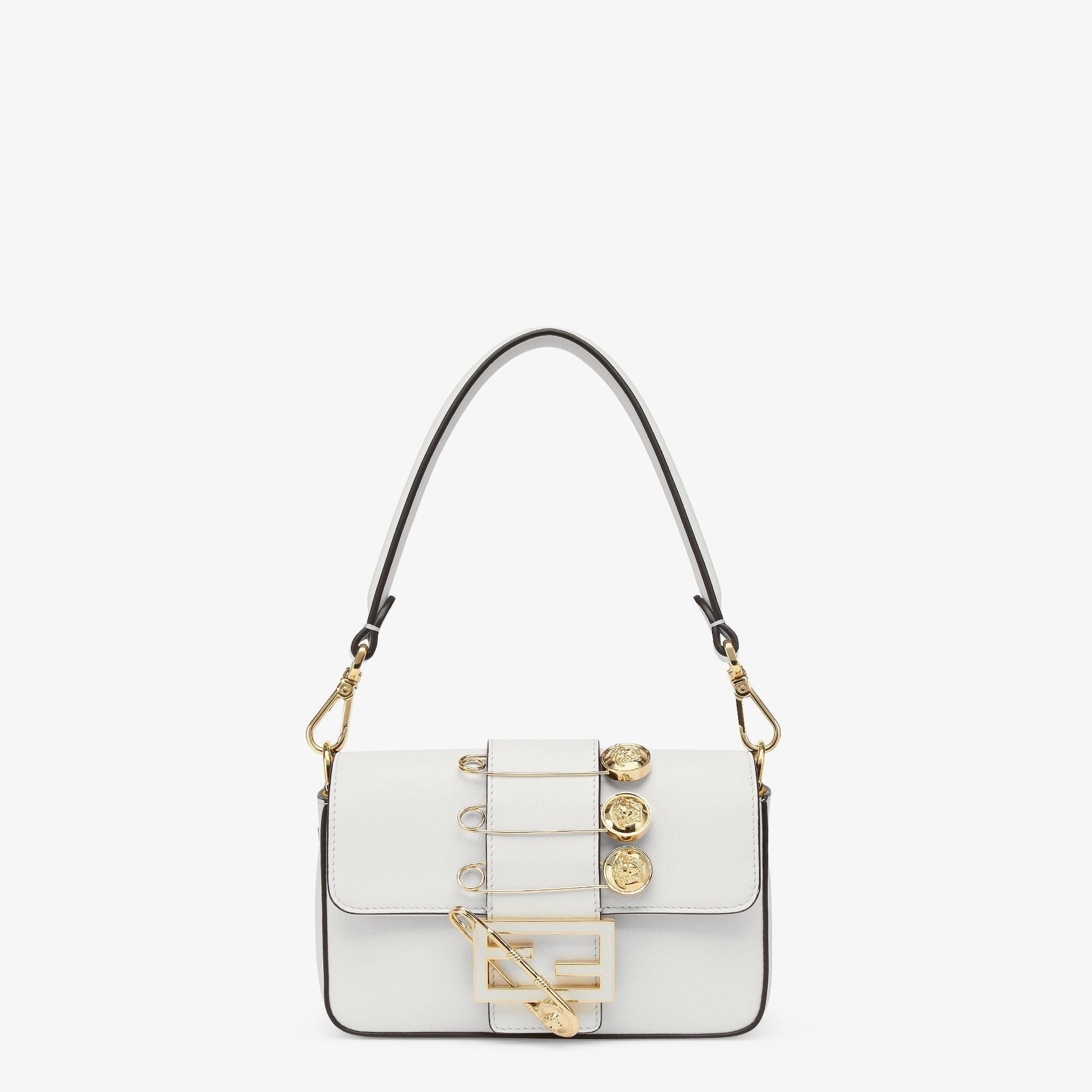 FENDI FENDACE BROOCH MINI 20 BAGUETTE BAG IN WHITE CALFSKIN mysite