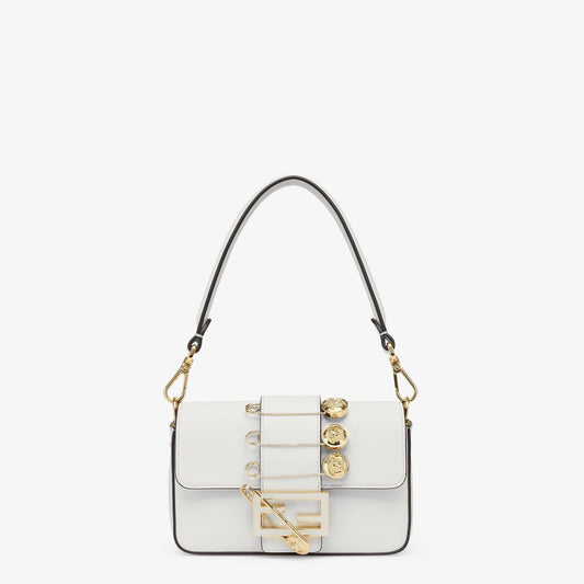 FENDI FENDACE BROOCH MINI 20 BAGUETTE BAG IN WHITE CALFSKIN mysite