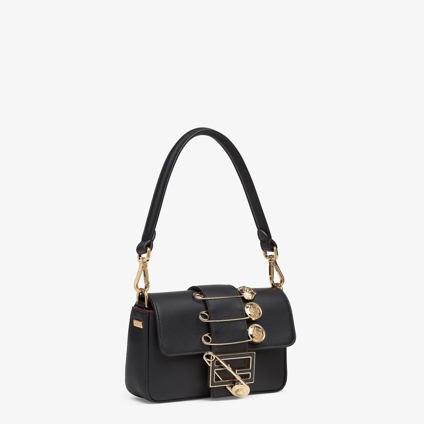 FENDI FENDACE BROOCH MINI 20 BAGUETTE BAG IN BLACK CALFSKIN mysite