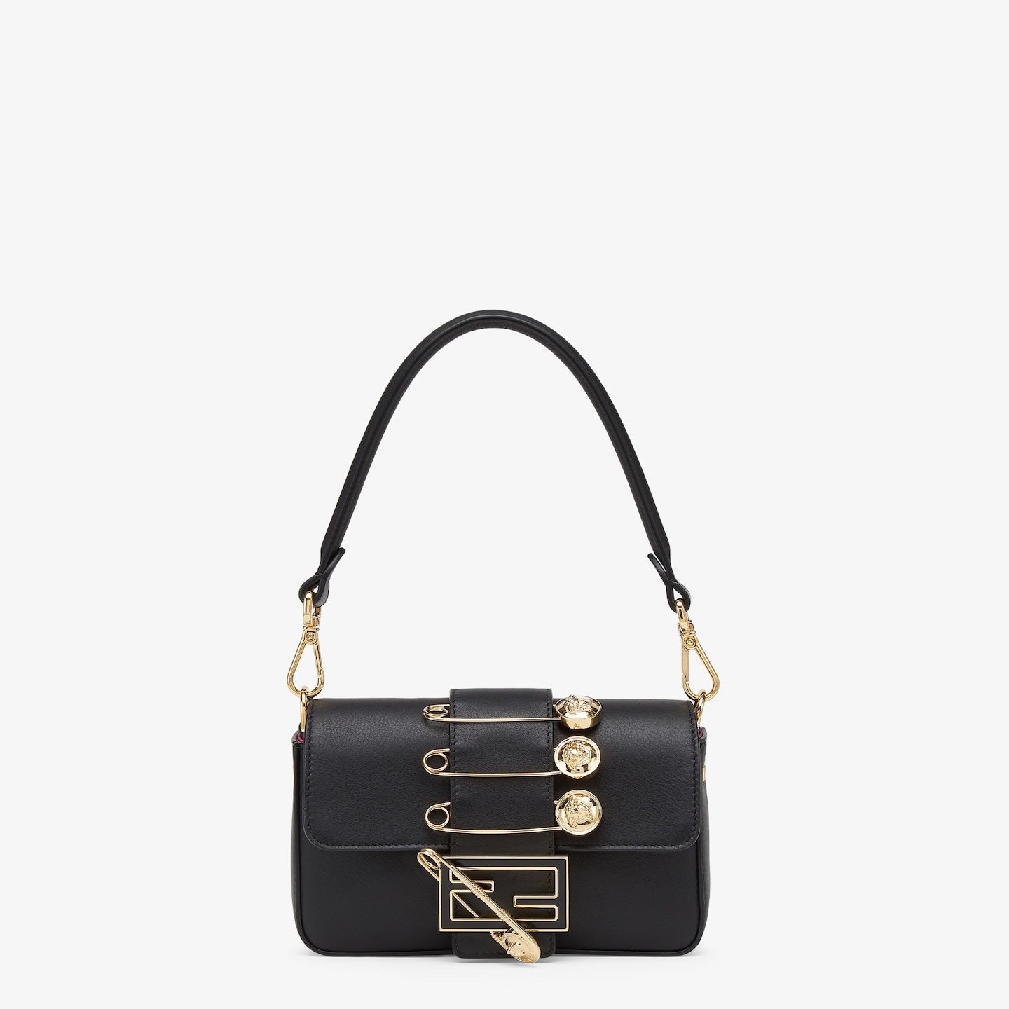FENDI FENDACE BROOCH MINI 20 BAGUETTE BAG IN BLACK CALFSKIN mysite