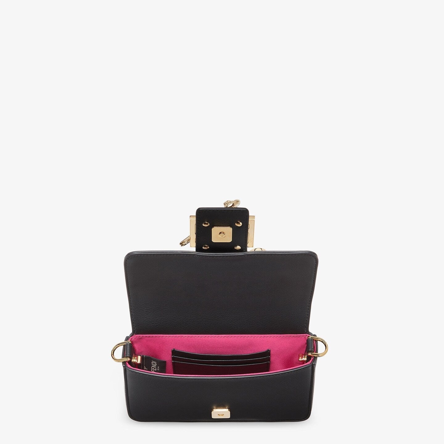 FENDI FENDACE BROOCH MINI 20 BAGUETTE BAG IN BLACK CALFSKIN mysite