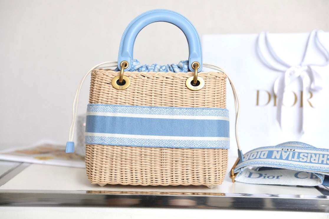 LADY 24 BASKET BAG IN BLUE OBLIQUE JACQUARD MIX BEIGE WICKER mysite