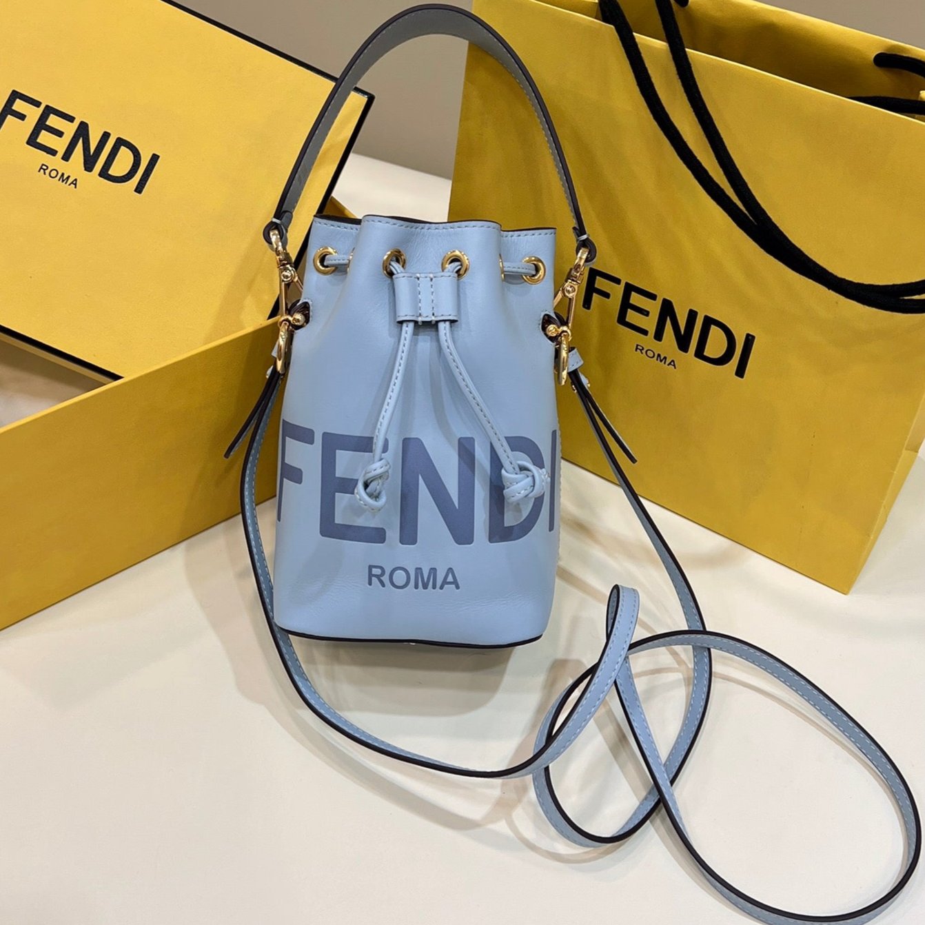 MON TRESOR MINI 18 BAG IN LIGHT BLUE CALFSKIN FF WITH GOLD HARDWARE mysite