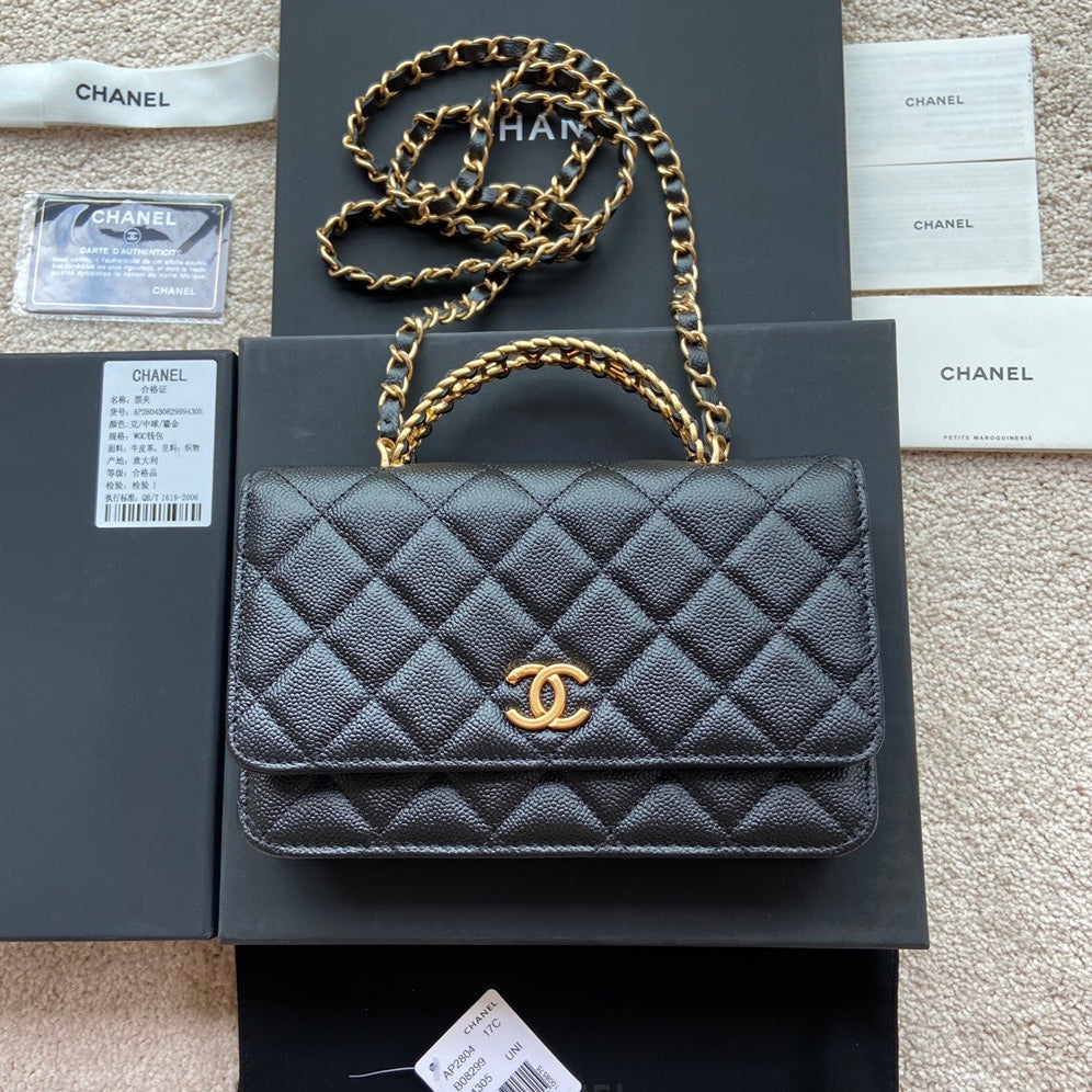 CC Woc 20cm Top Handle Black Grained Calfskin Gold Hardware mysite