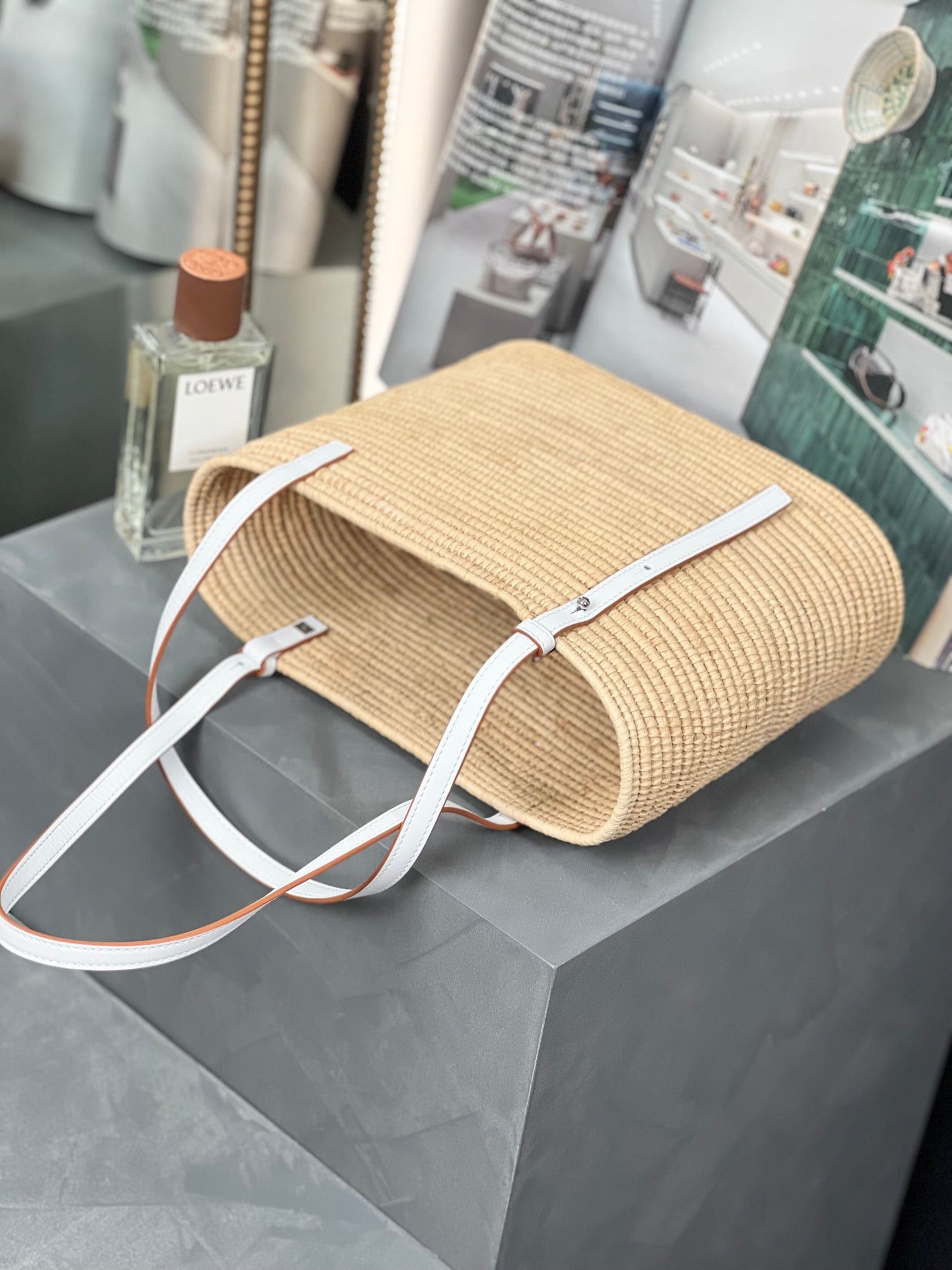SMALL SQUARE  28 BASKET BAG IN RAFFIA AND WHITE CALFSKIN mysite