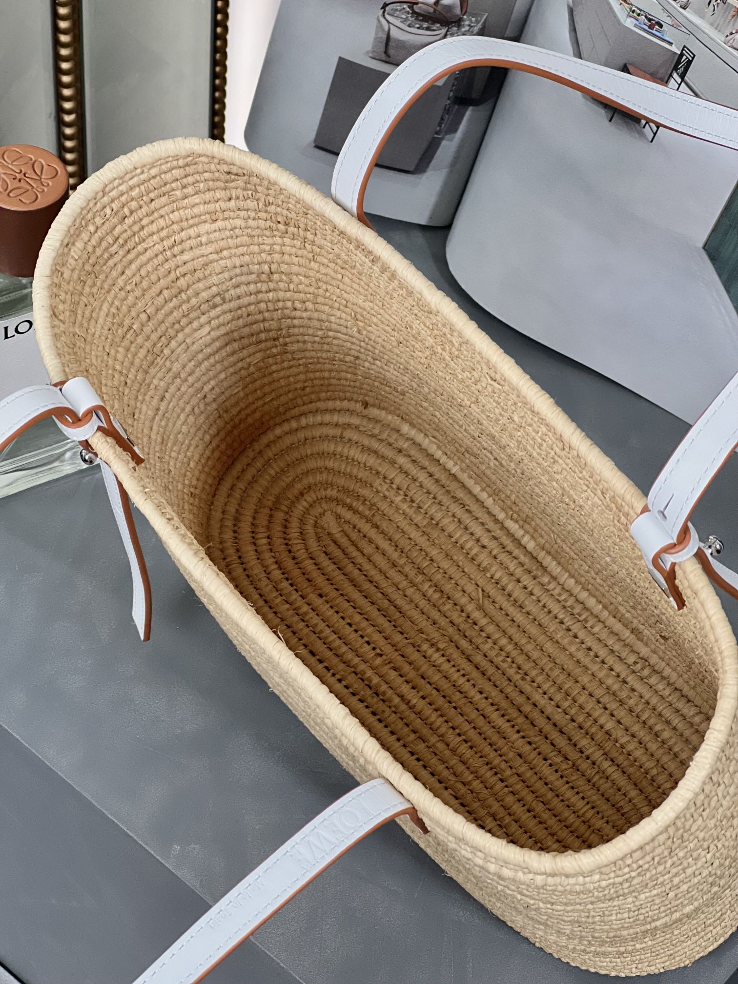 SMALL SQUARE  28 BASKET BAG IN RAFFIA AND WHITE CALFSKIN mysite