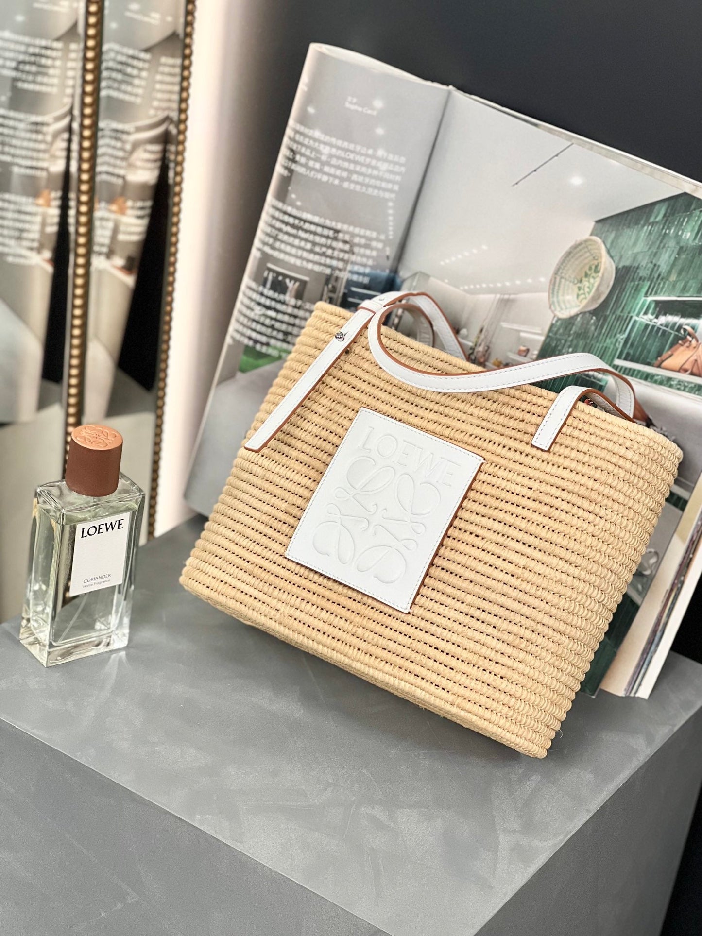 SMALL SQUARE  28 BASKET BAG IN RAFFIA AND WHITE CALFSKIN mysite