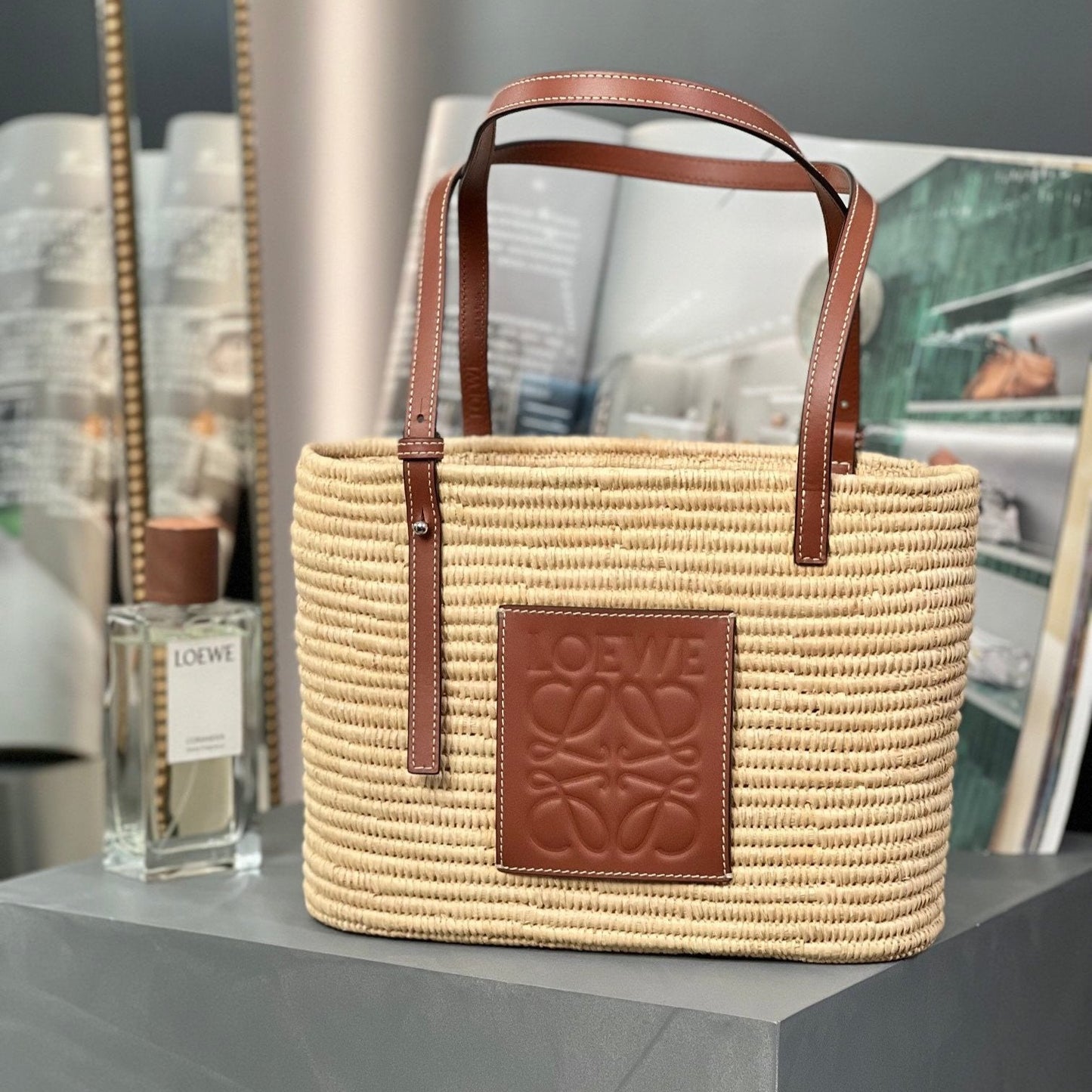 SMALL SQUARE  28 BASKET BAG IN RAFFIA AND CALFSKIN mysite
