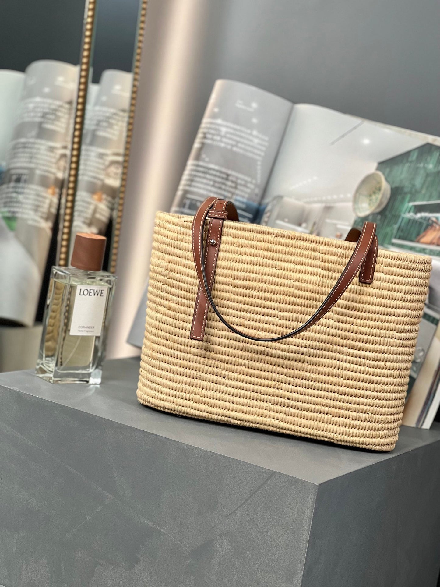 SMALL SQUARE  28 BASKET BAG IN RAFFIA AND CALFSKIN mysite