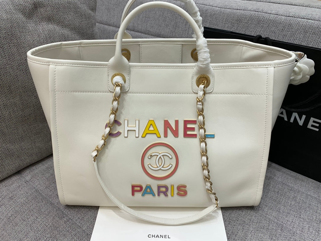 CC DEAUVILLE TOTE BAG 39CM WHITE CALFSKIN MULTICOLOR LOGO mysite