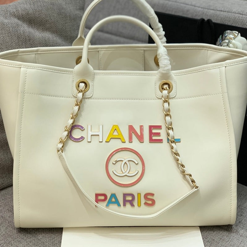 CC DEAUVILLE TOTE BAG 39CM WHITE CALFSKIN MULTICOLOR LOGO mysite