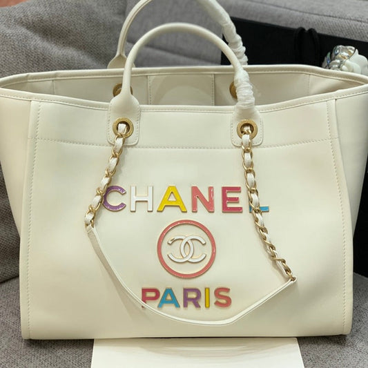 CC DEAUVILLE TOTE BAG 39CM WHITE CALFSKIN MULTICOLOR LOGO mysite