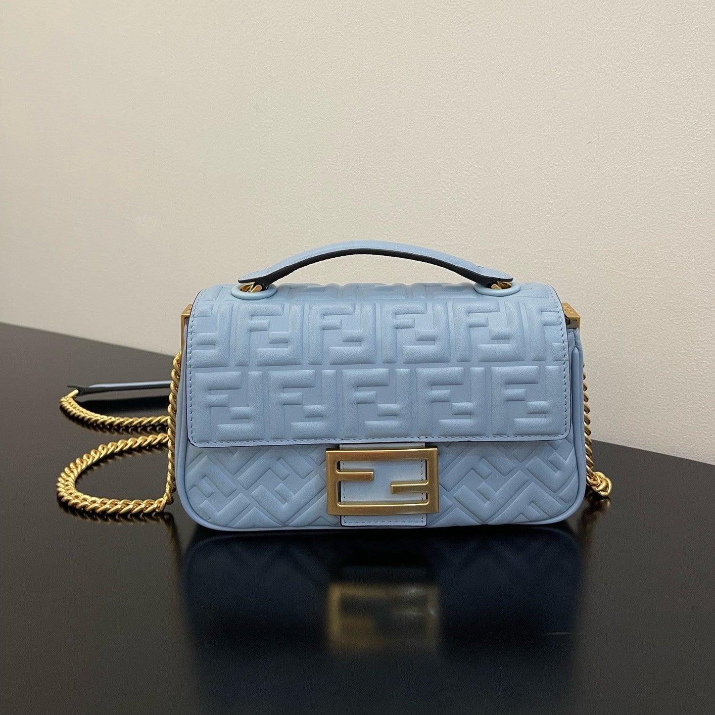 Fend Baguette 24 Bag With FF Motif Baby Blue Leather Ghw mysite