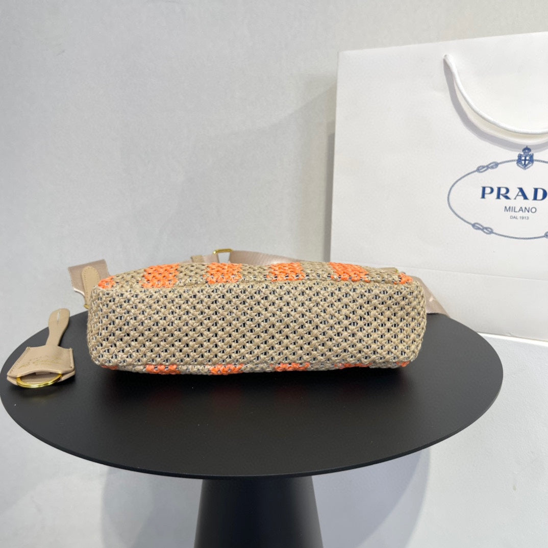 PRA HOBO BAG 23 IN BEIGE MIX ORANGE RAFFIA WITH WHITE LOGO GOLD HARDWARE mysite