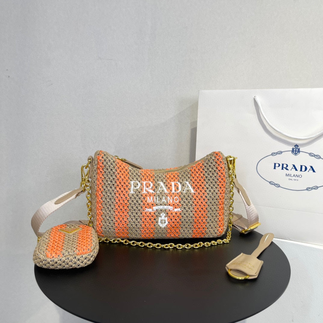 PRA HOBO BAG 23 IN BEIGE MIX ORANGE RAFFIA WITH WHITE LOGO GOLD HARDWARE mysite