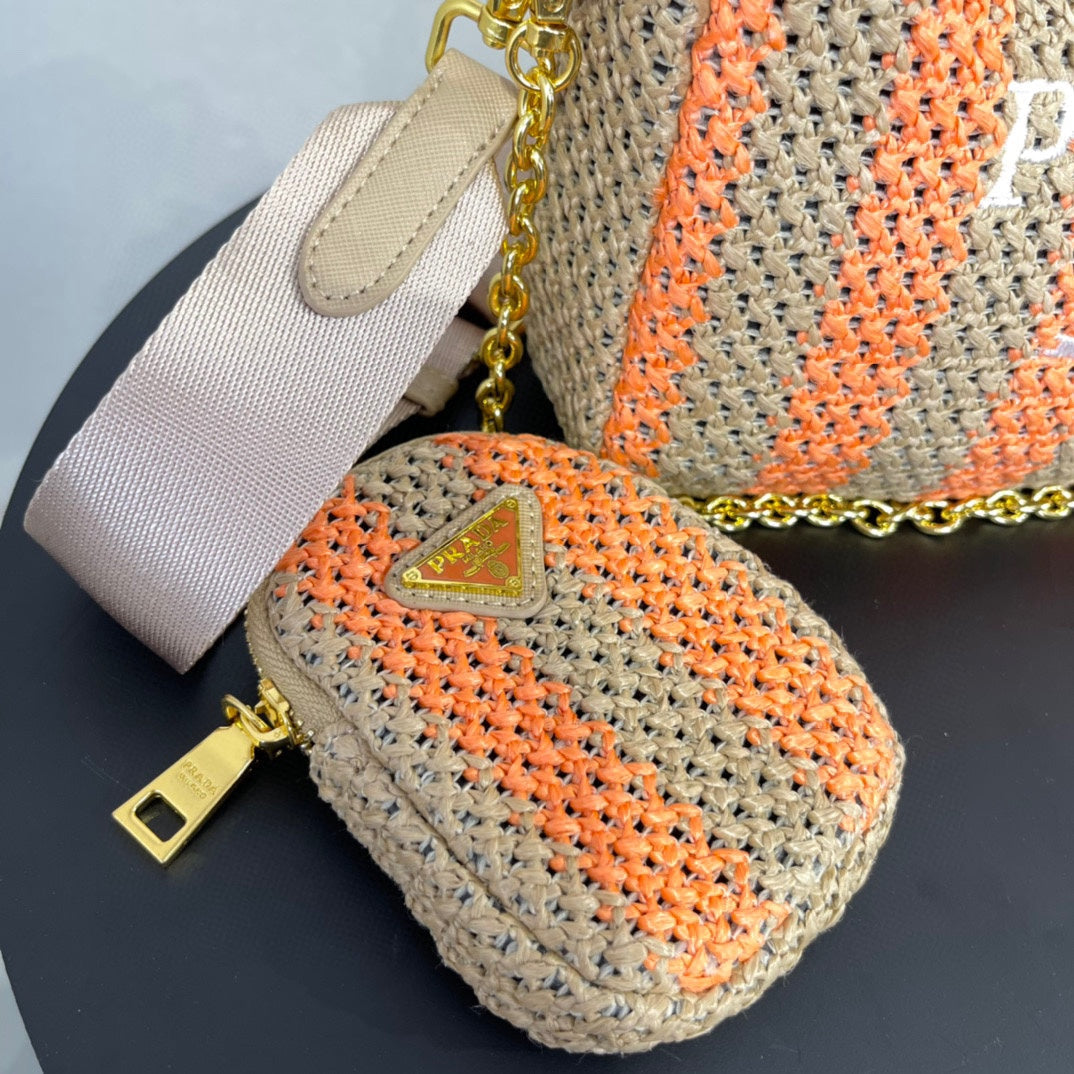 PRA HOBO BAG 23 IN BEIGE MIX ORANGE RAFFIA WITH WHITE LOGO GOLD HARDWARE mysite