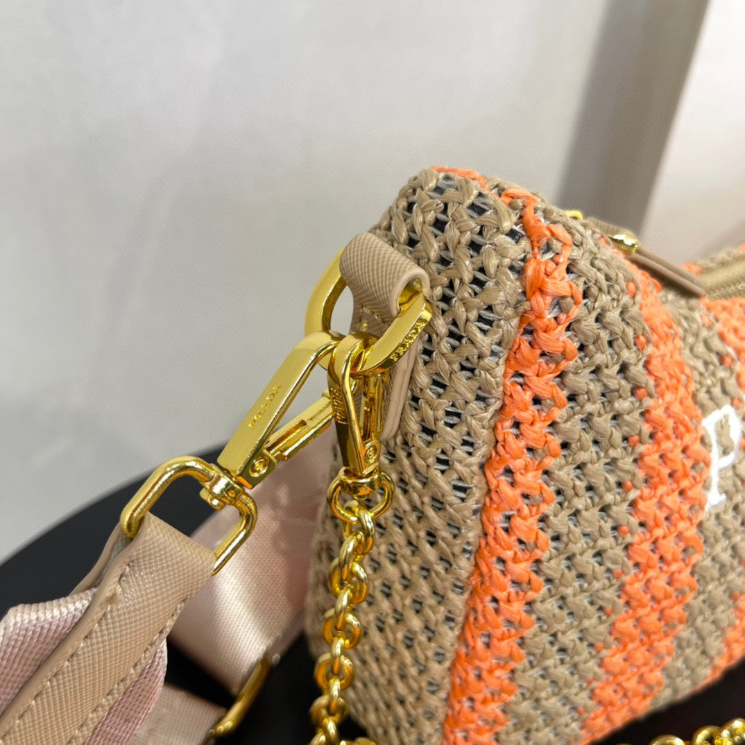 PRA HOBO BAG 23 IN BEIGE MIX ORANGE RAFFIA WITH WHITE LOGO GOLD HARDWARE mysite