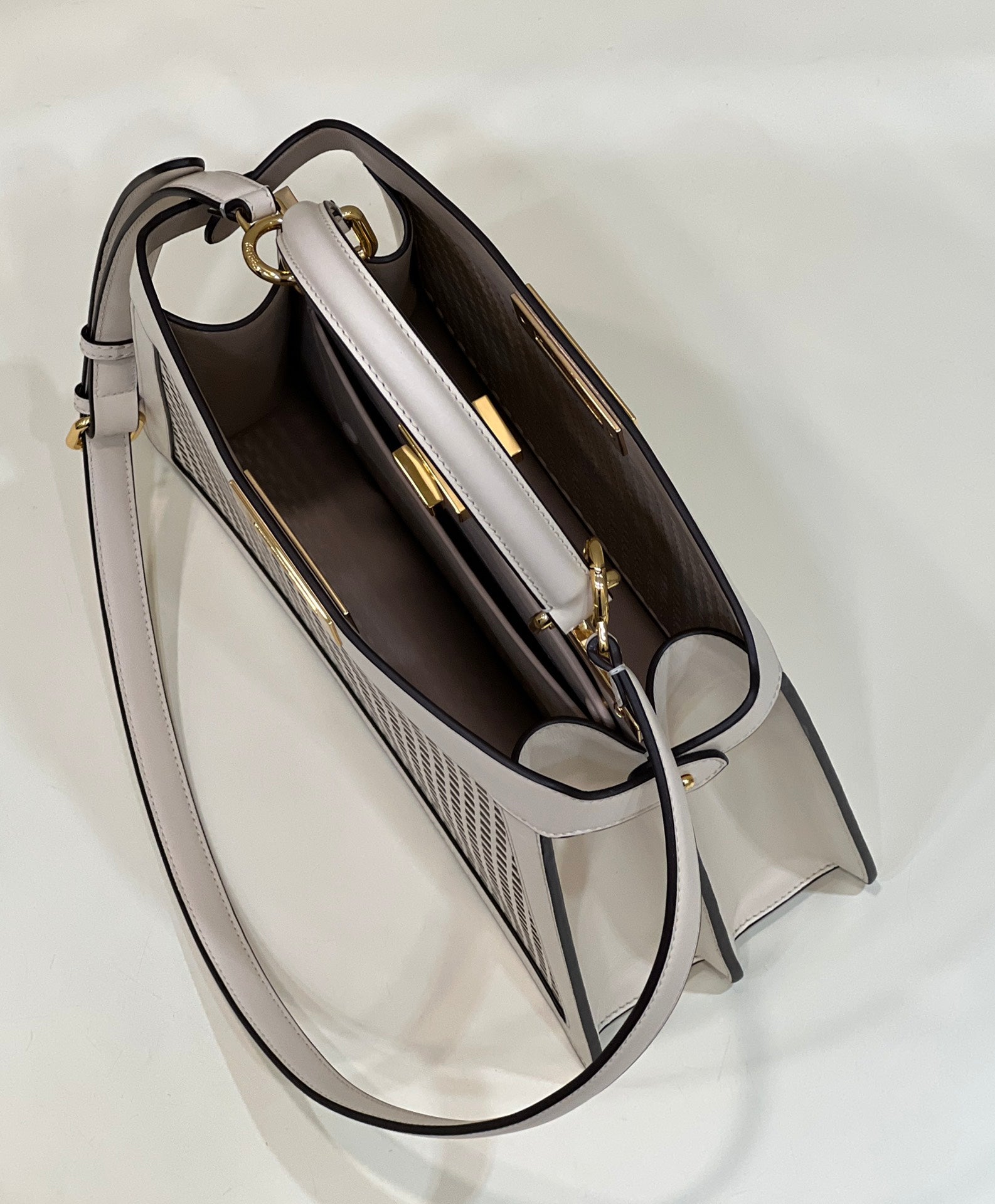 PEEKABOO ISEEU 34 IN WHITE PERFORATED CALFSKIN GOLD HARDWARE mysite