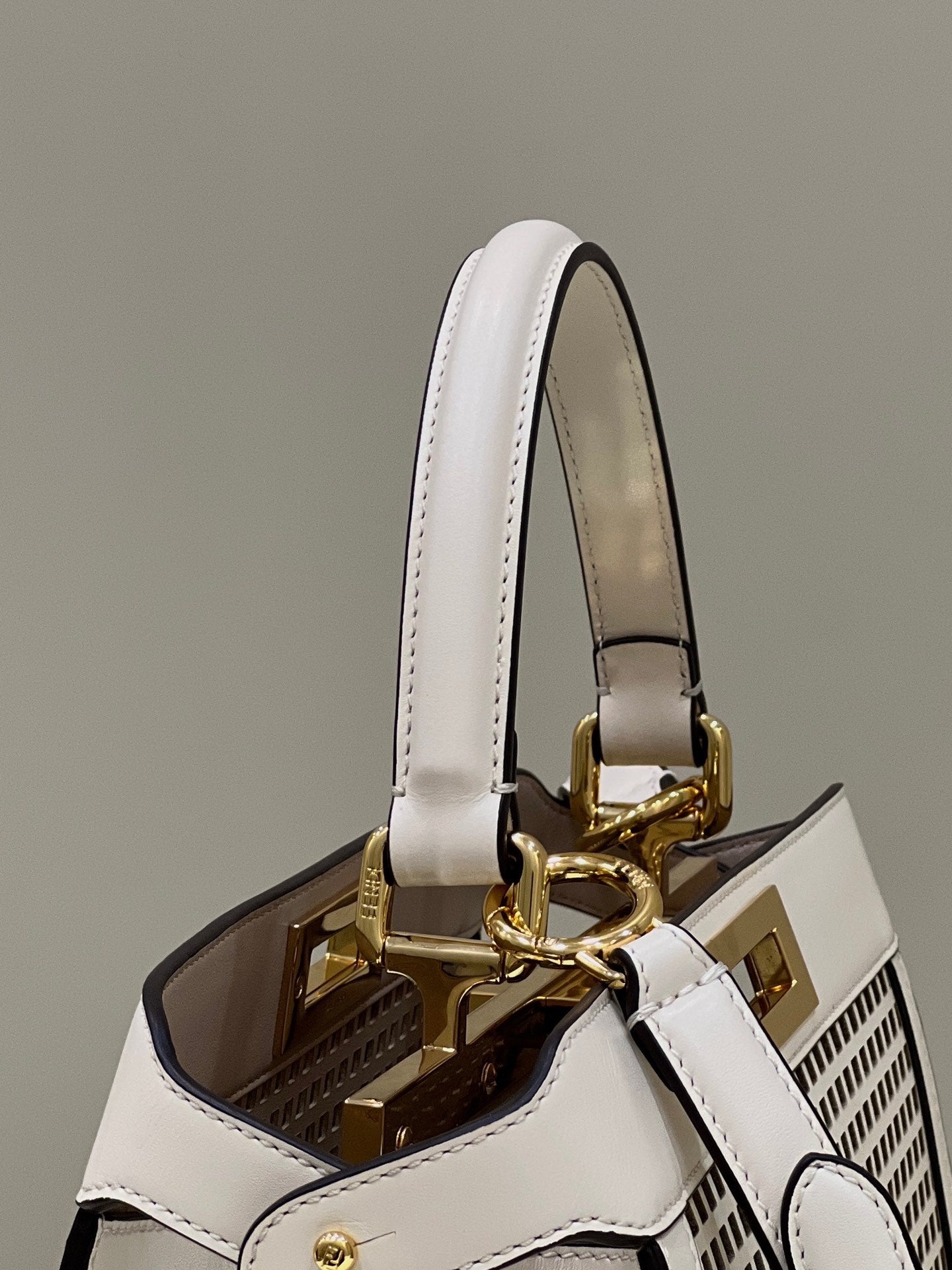 PEEKABOO ISEEU 34 IN WHITE PERFORATED CALFSKIN GOLD HARDWARE mysite