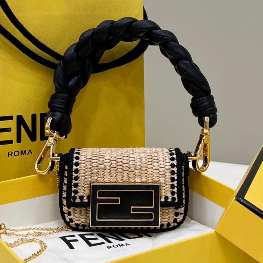 FENDI NANO BAGUETTE 11 BAG IN BEIGE MIX BLACK RAFFIA WITH STRAP GOLD HARDWARE mysite
