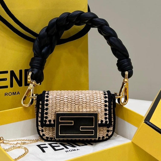 FENDI NANO BAGUETTE 11 BAG IN BEIGE MIX BLACK RAFFIA WITH STRAP GOLD HARDWARE mysite