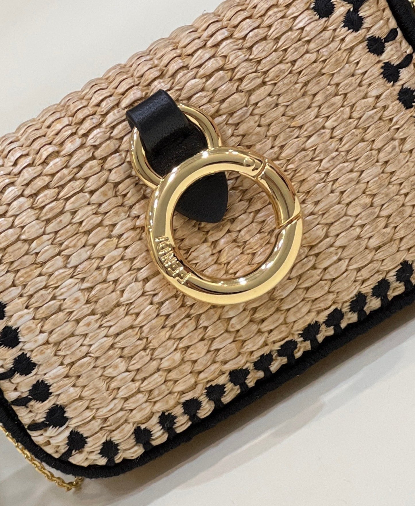 FENDI NANO BAGUETTE 11 BAG IN BEIGE MIX BLACK RAFFIA WITH STRAP GOLD HARDWARE mysite