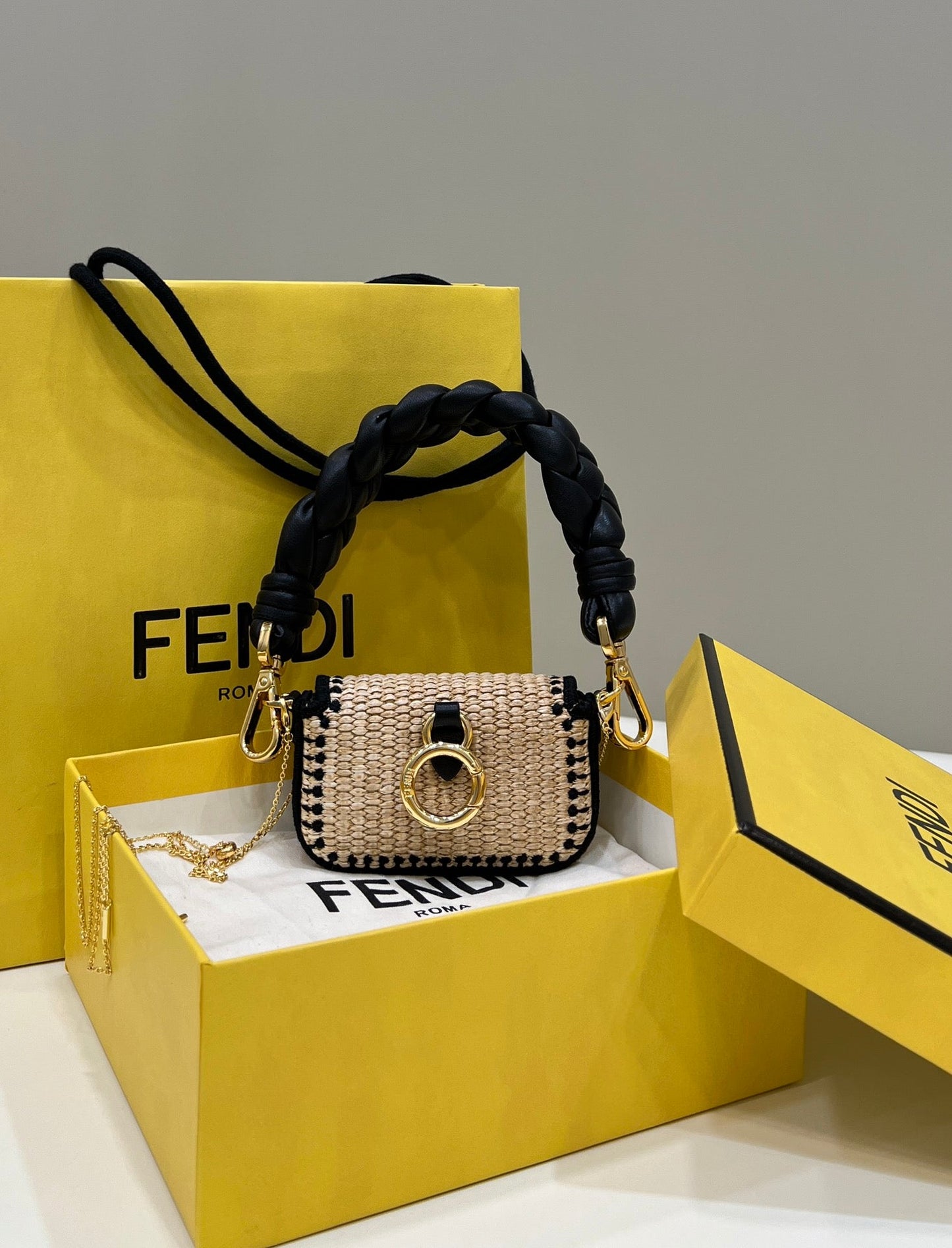 FENDI NANO BAGUETTE 11 BAG IN BEIGE MIX BLACK RAFFIA WITH STRAP GOLD HARDWARE mysite