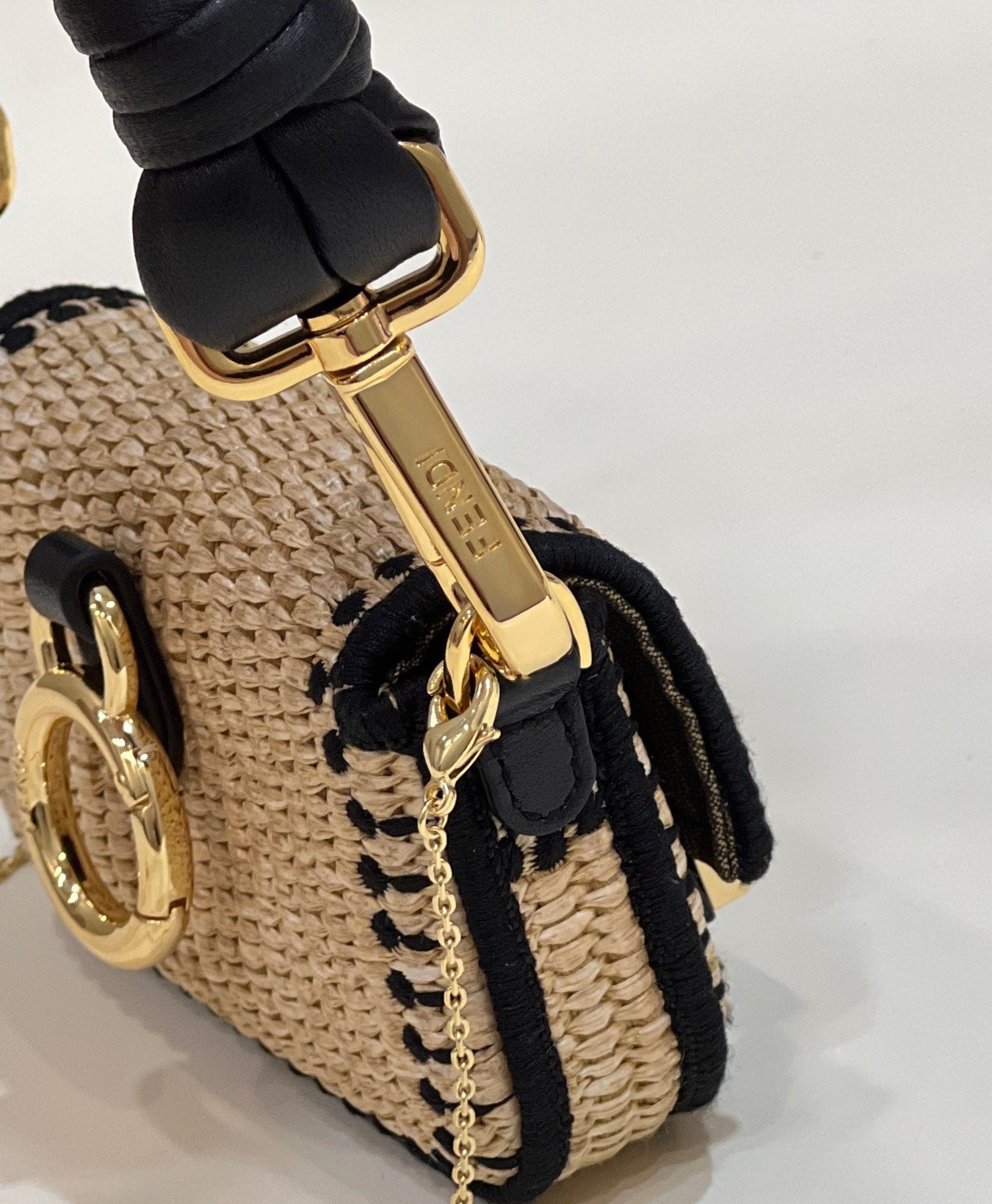 FENDI NANO BAGUETTE 11 BAG IN BEIGE MIX BLACK RAFFIA WITH STRAP GOLD HARDWARE mysite