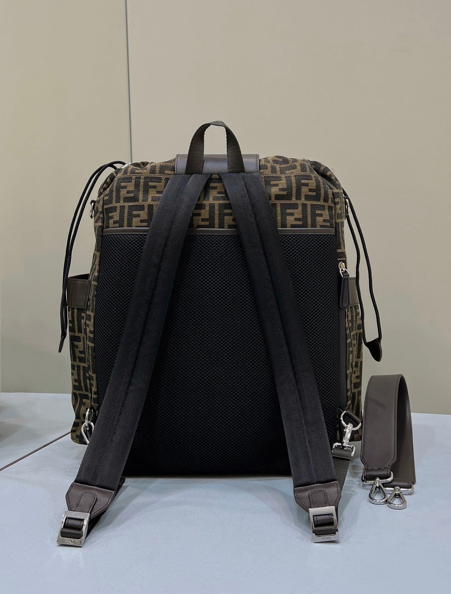 FENDI STRIKE LARGE 46 FF MOCHA BROWN JACQUARD FABRIC BACKPACK mysite