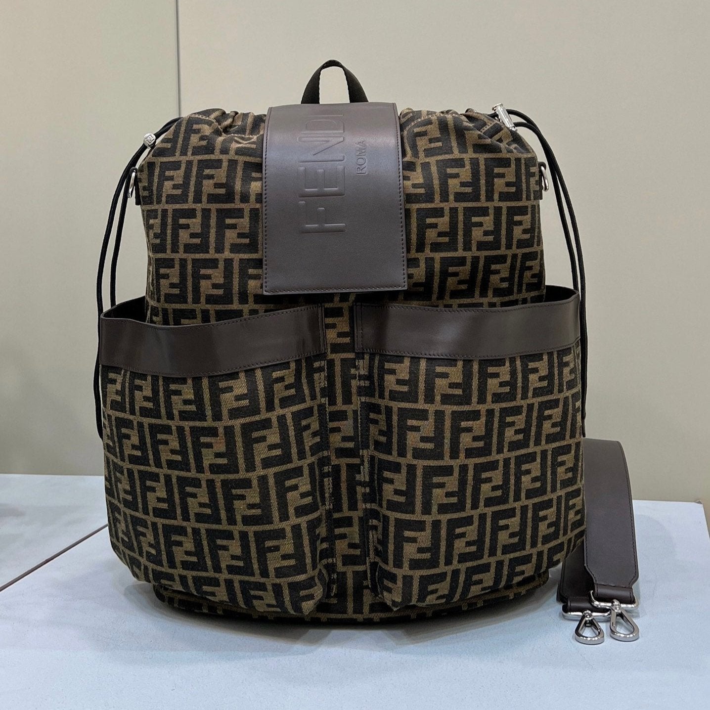 FENDI STRIKE LARGE 46 FF MOCHA BROWN JACQUARD FABRIC BACKPACK mysite