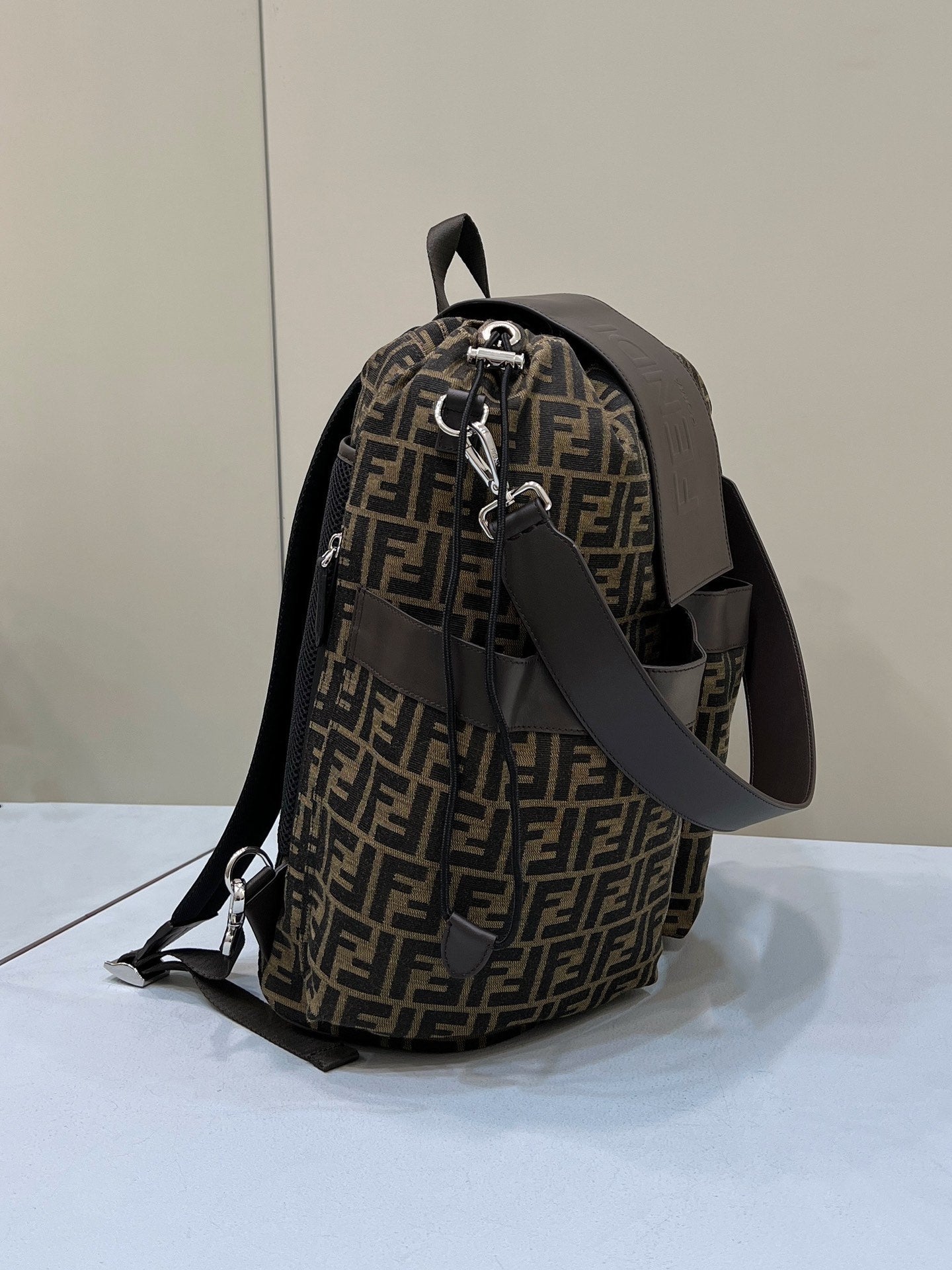 FENDI STRIKE LARGE 46 FF MOCHA BROWN JACQUARD FABRIC BACKPACK mysite