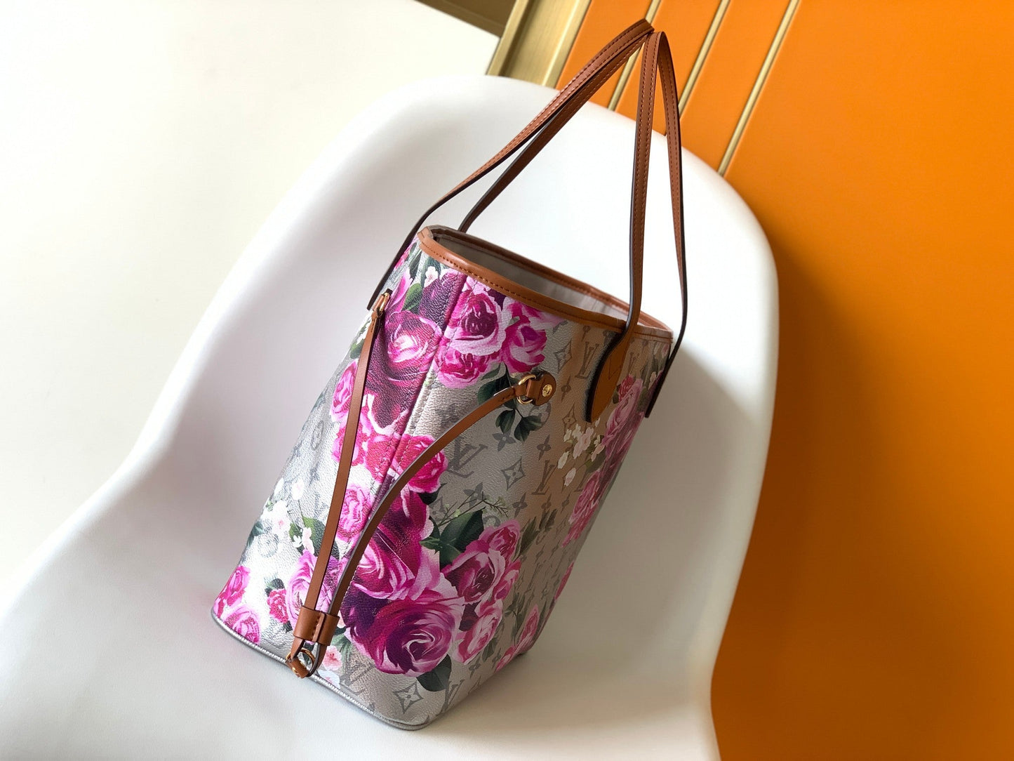 LV Neverfull MM Tote 31cm Sliver Pink Floral Pattern Leather GHW mysite