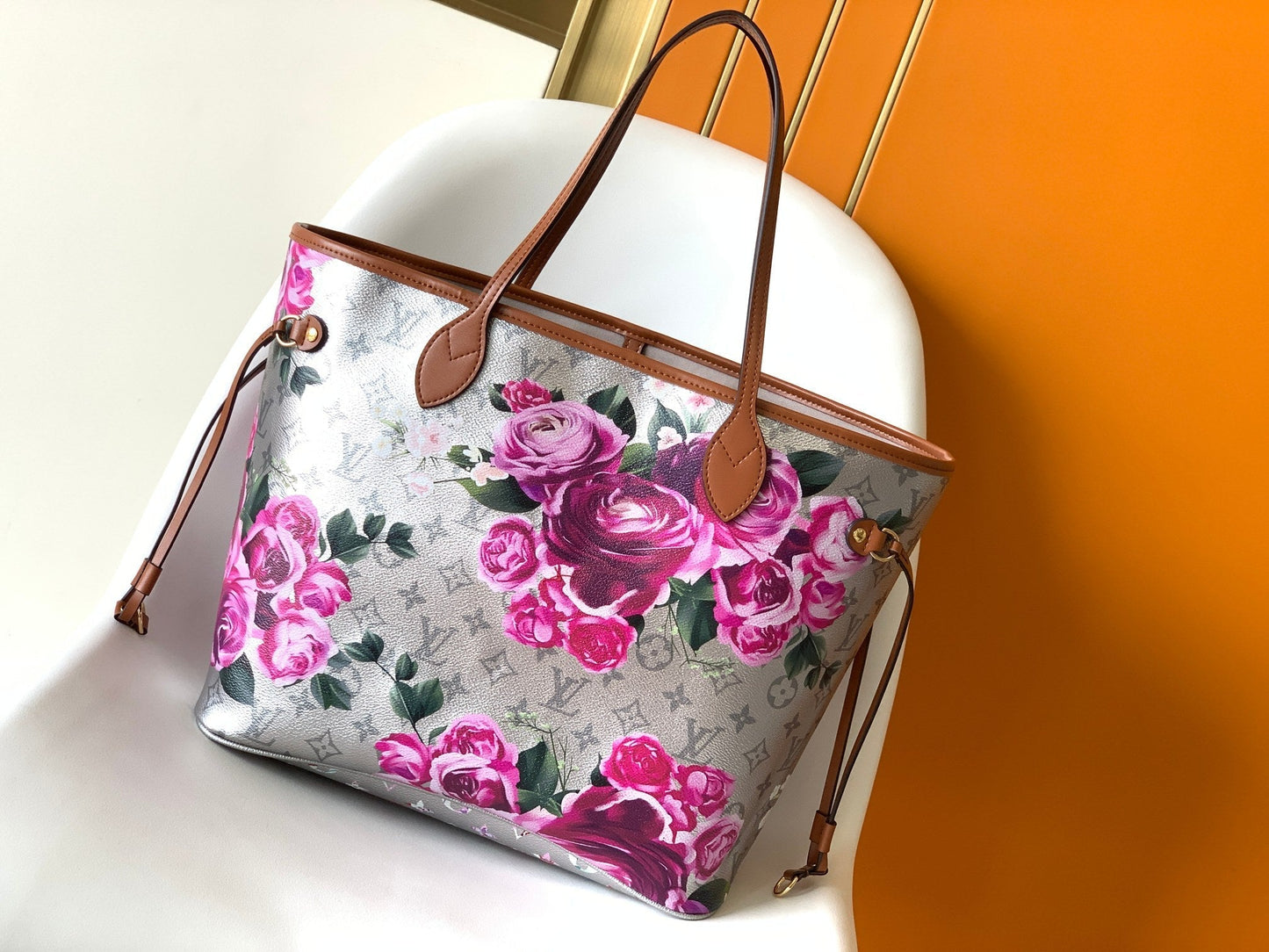 LV Neverfull MM Tote 31cm Sliver Pink Floral Pattern Leather GHW mysite