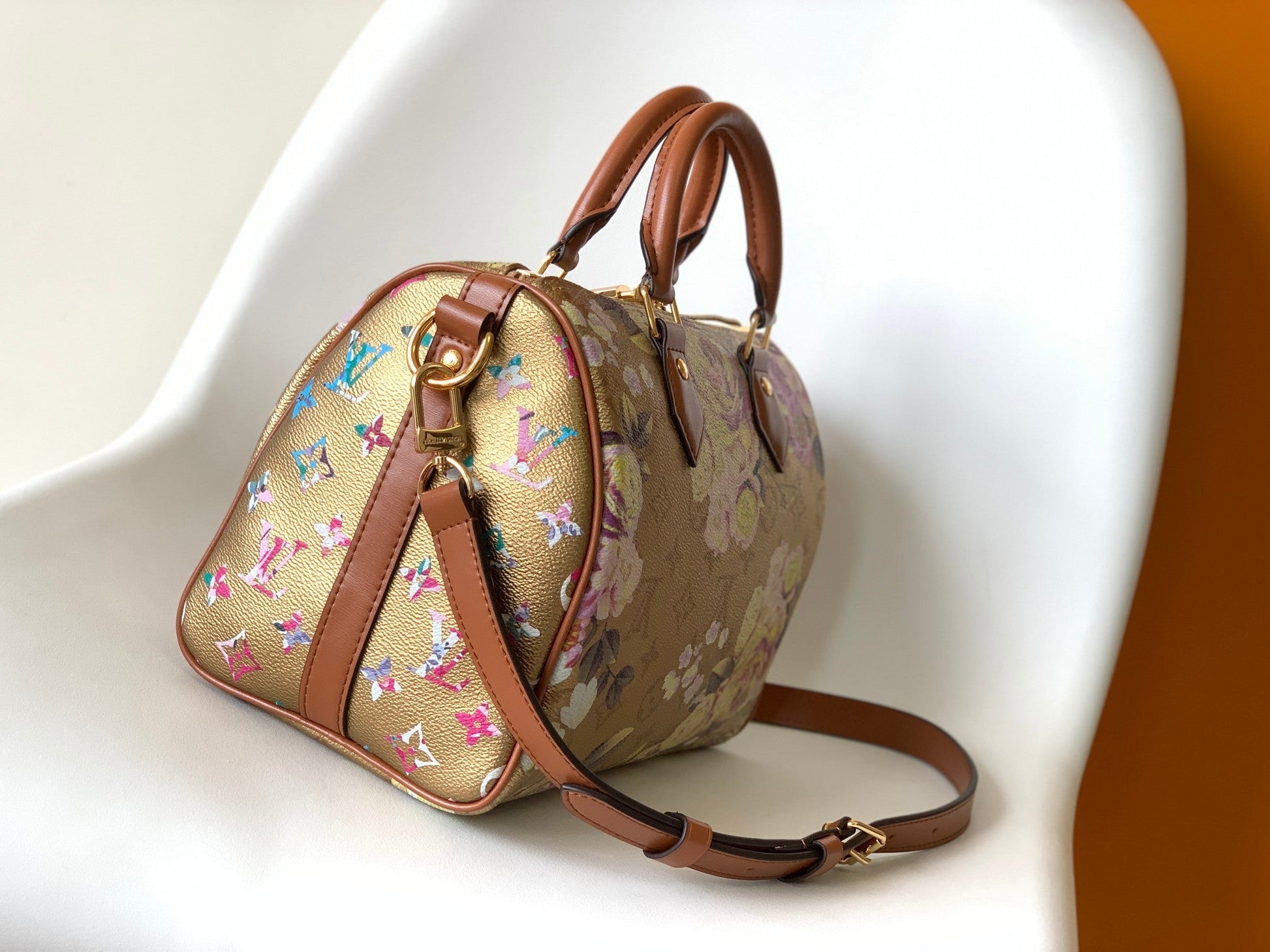 LV Speedy Bandoulière 25 Gold Floral Pattern Leather GHW mysite