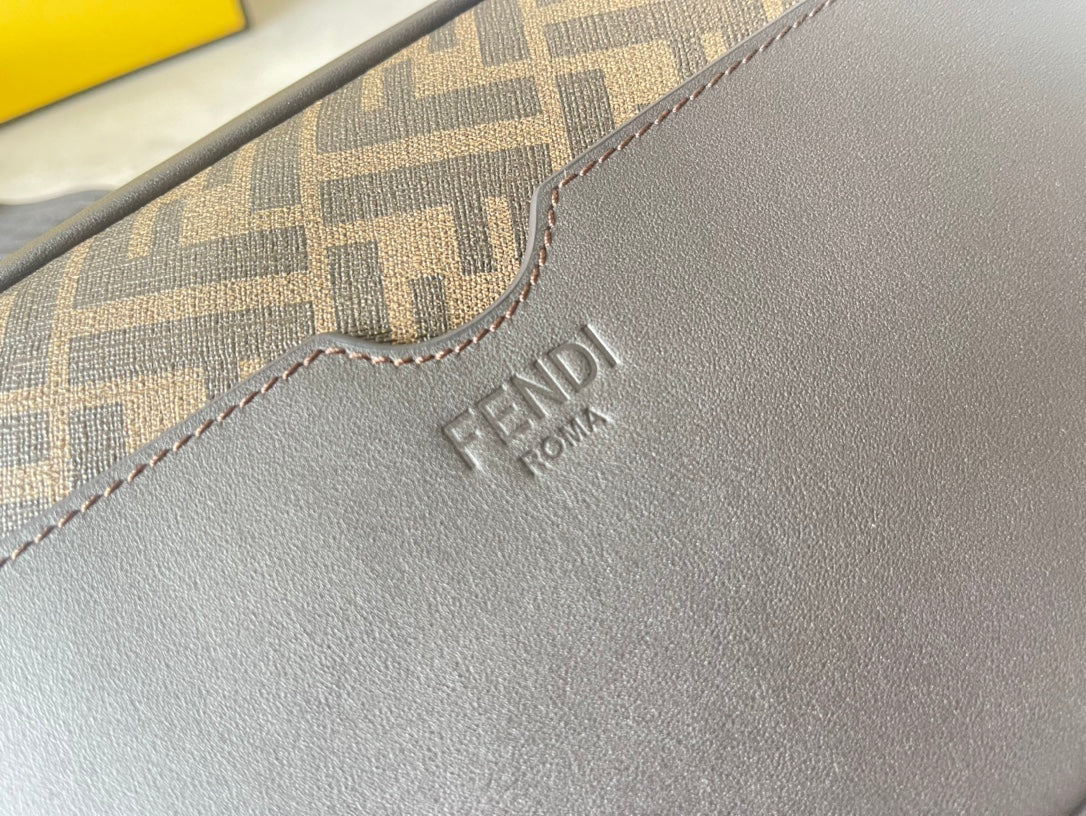 FENDI ROMA 22 CLUTCH BAG IN CHOCOLATE BROWN FF CALFSKIN SILVER HARDWARE WITH GOLDEN LOGO mysite