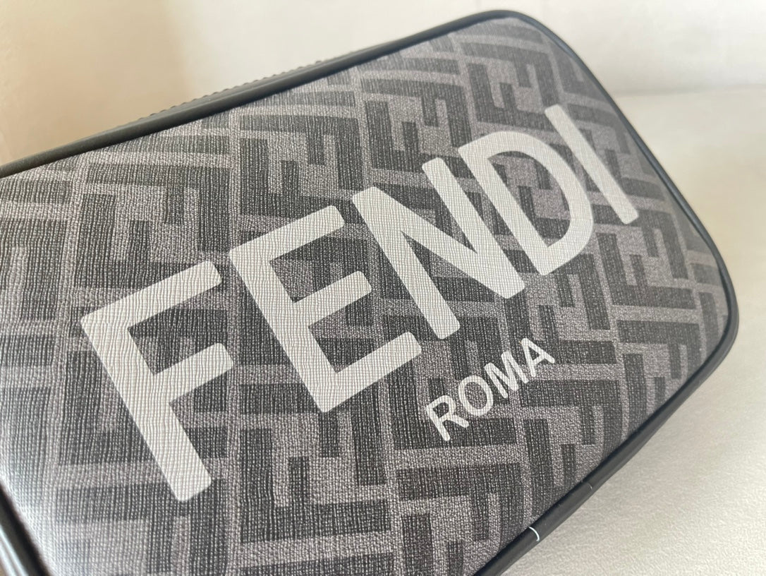 FENDI ROMA 22 CLUTCH BAG IN DARK GREY FF CALFSKIN SILVER HARDWARE WITH WHITE LOGO mysite
