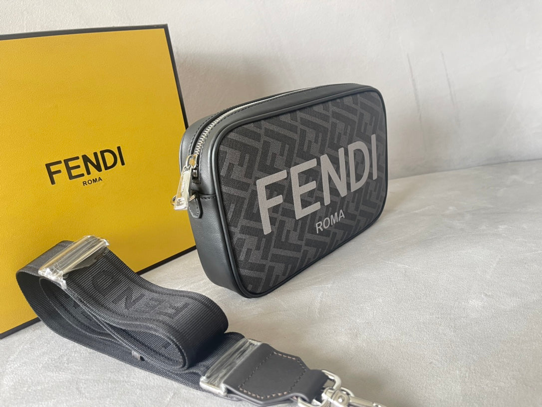 FENDI ROMA 22 CLUTCH BAG IN DARK GREY FF CALFSKIN SILVER HARDWARE WITH WHITE LOGO mysite