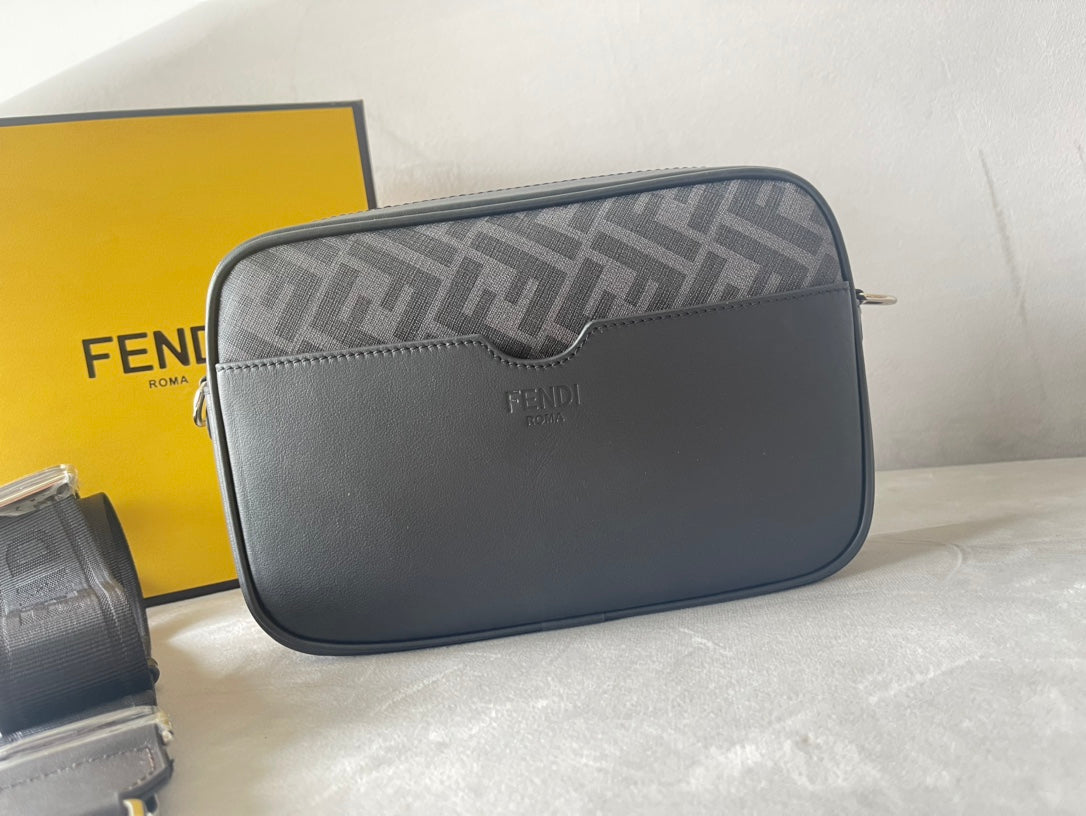 FENDI ROMA 22 CLUTCH BAG IN DARK GREY FF CALFSKIN SILVER HARDWARE WITH WHITE LOGO mysite