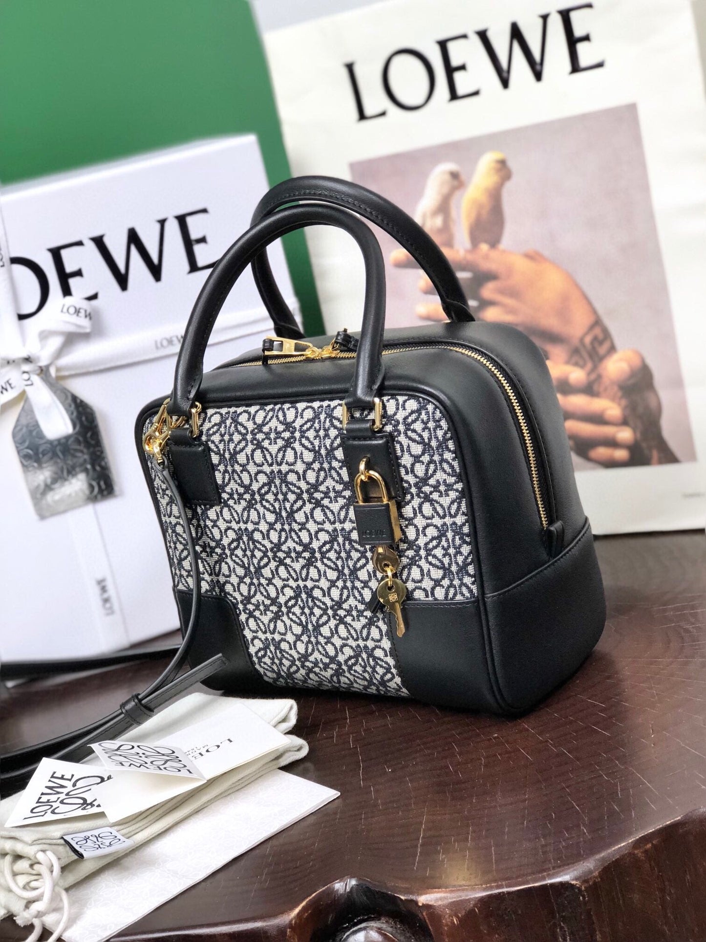 LOE AMAZONA 19 BAG IN BLACK CALFSKIN AND MONOGRAM JACQUARD mysite