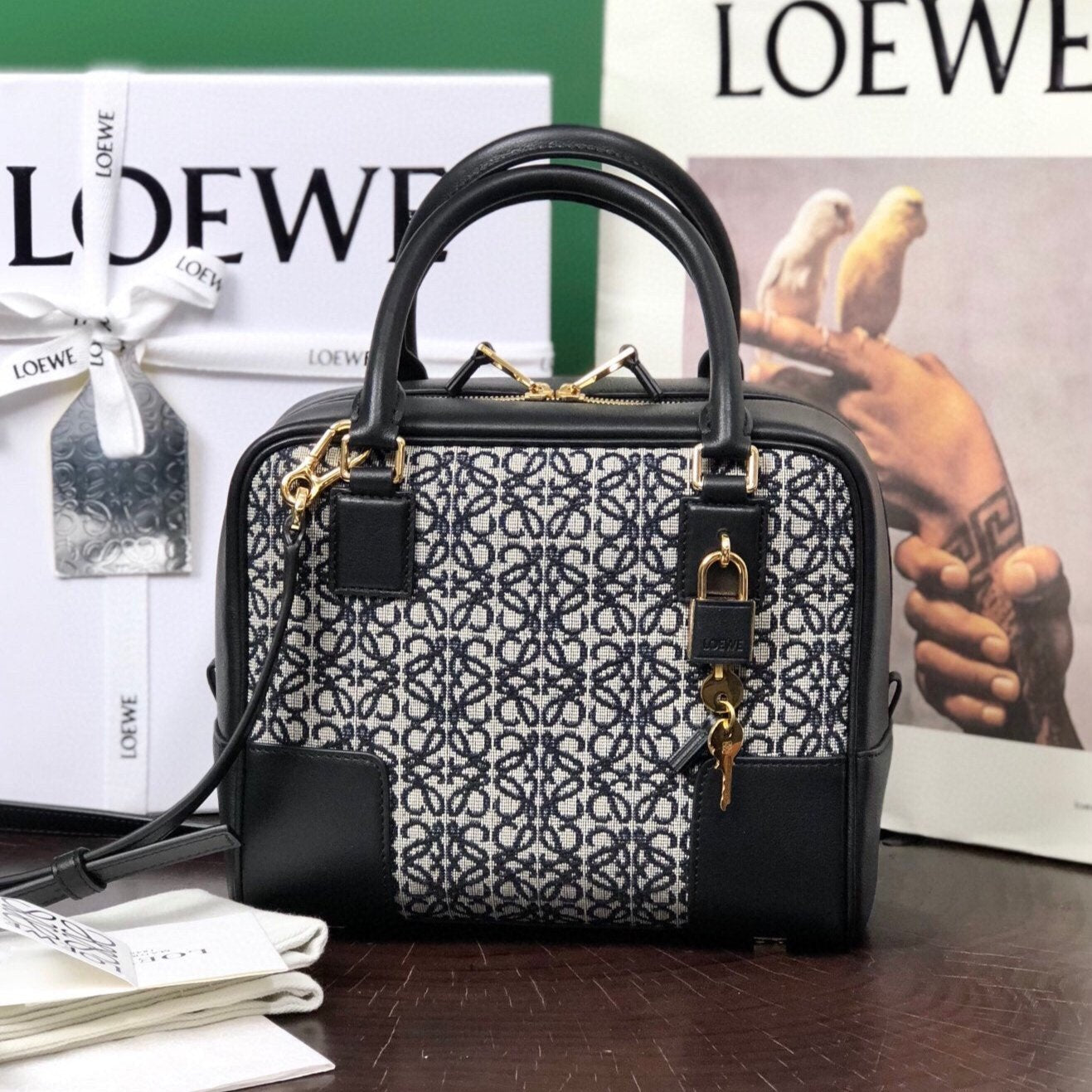 LOE AMAZONA 19 BAG IN BLACK CALFSKIN AND MONOGRAM JACQUARD mysite