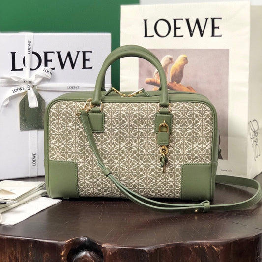 LOE AMAZONA 28 BAG IN OLIVE GREEN CALFSKIN AND BEIGE MONOGRAM FABRIC mysite