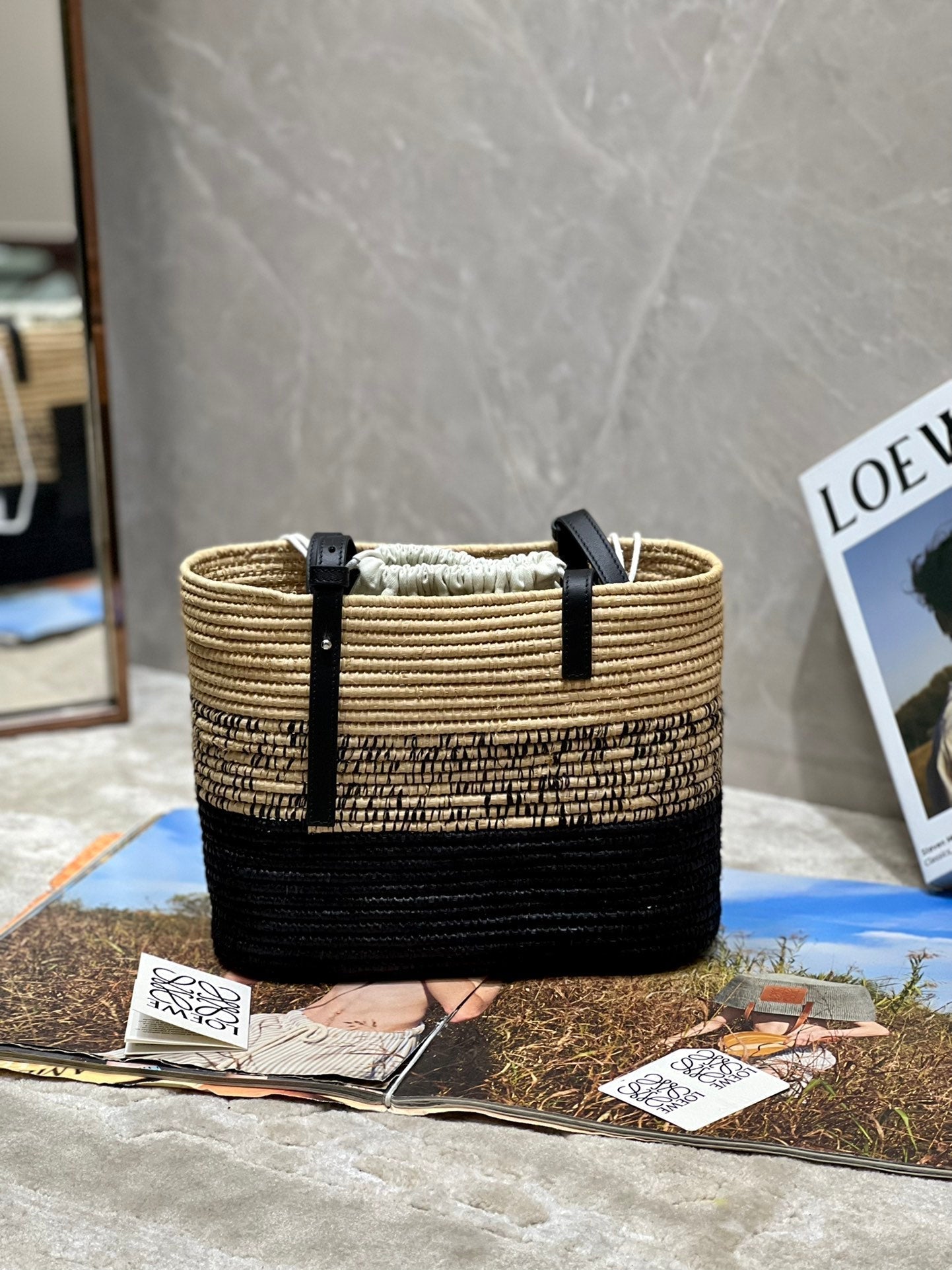 LOE BASKET BAG 28 IN NATURAL MIX BLACK RAFFIA mysite