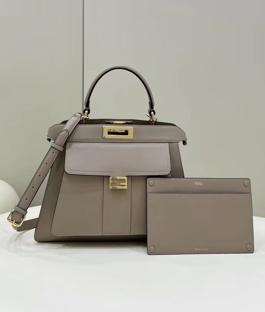 FENDI PEEKABOO 33 BAG IN KHAKI CALFSKIN WITH STRAP GOLD HARDWARE mysite