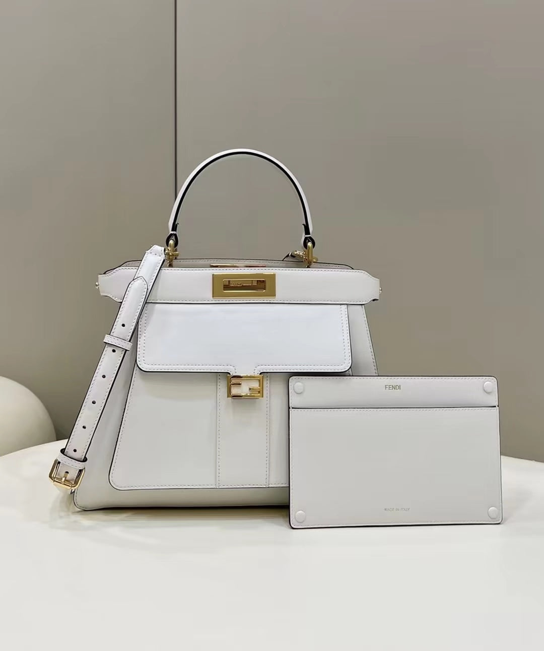 FENDI PEEKABOO 33 BAG IN WHITE CALFSKIN WITH STRAP GOLD HARDWARE mysite