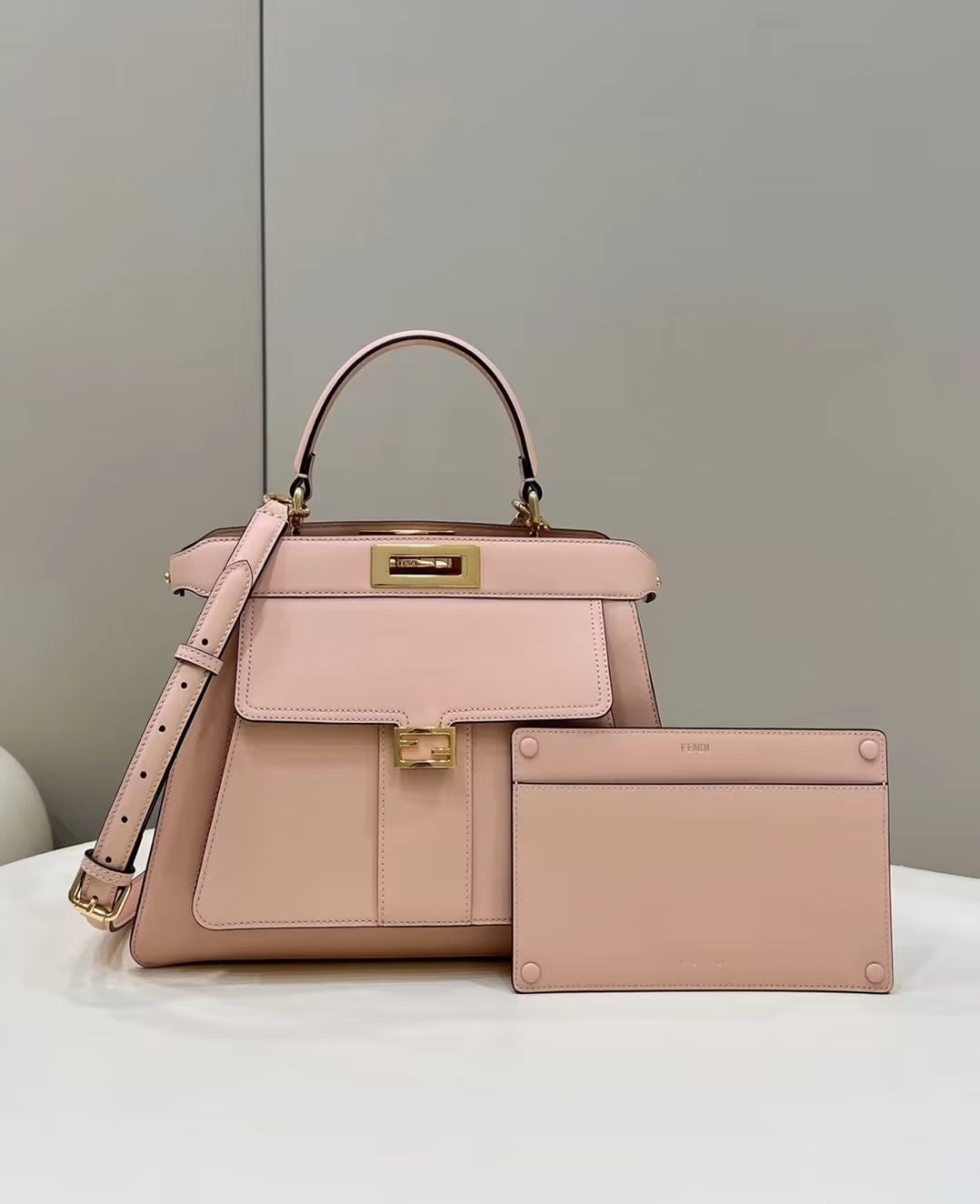 FENDI PEEKABOO 33 BAG IN LIGHT PINK CALFSKIN WITH STRAP GOLD HARDWARE mysite