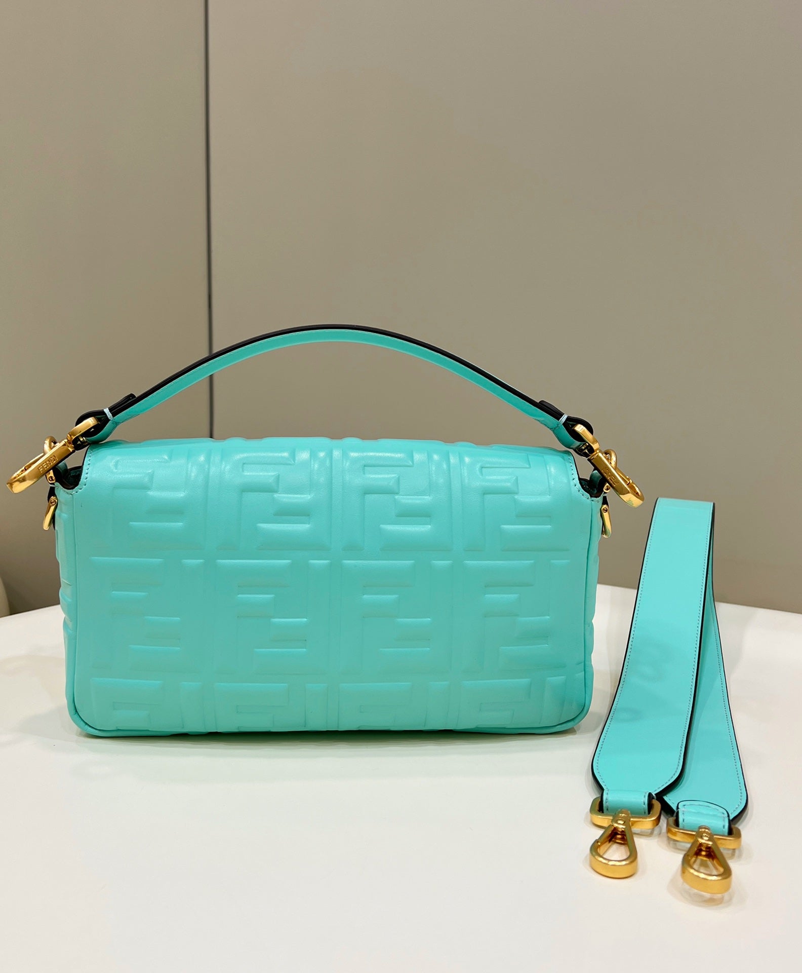 BAGUETTE WITH FF MOTIF 27 IN TURQUOISE SOFT LAMBSKIN GOLD HARDWARE mysite