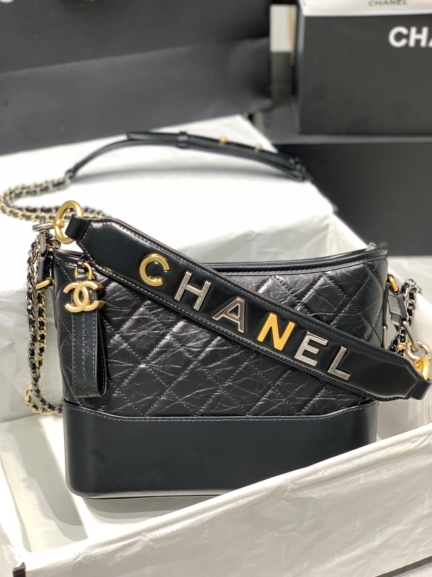 HOBO BAG 25 WITH STRAP IN BLACK CALFSKIN GOLD AND SILVER HARDWARE mysite