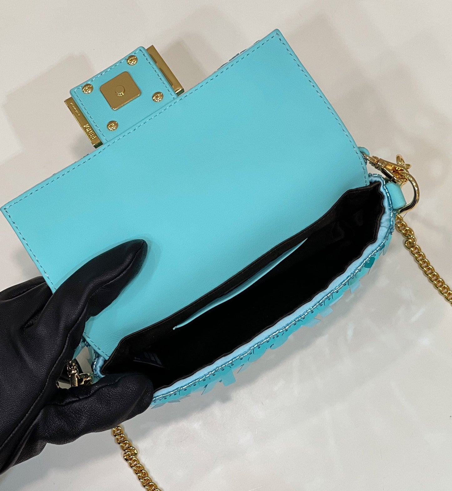 BAGUETTE MINI 19 IN BRIGHT TURQUOISE SEQUINS GOLD HARDWARE mysite